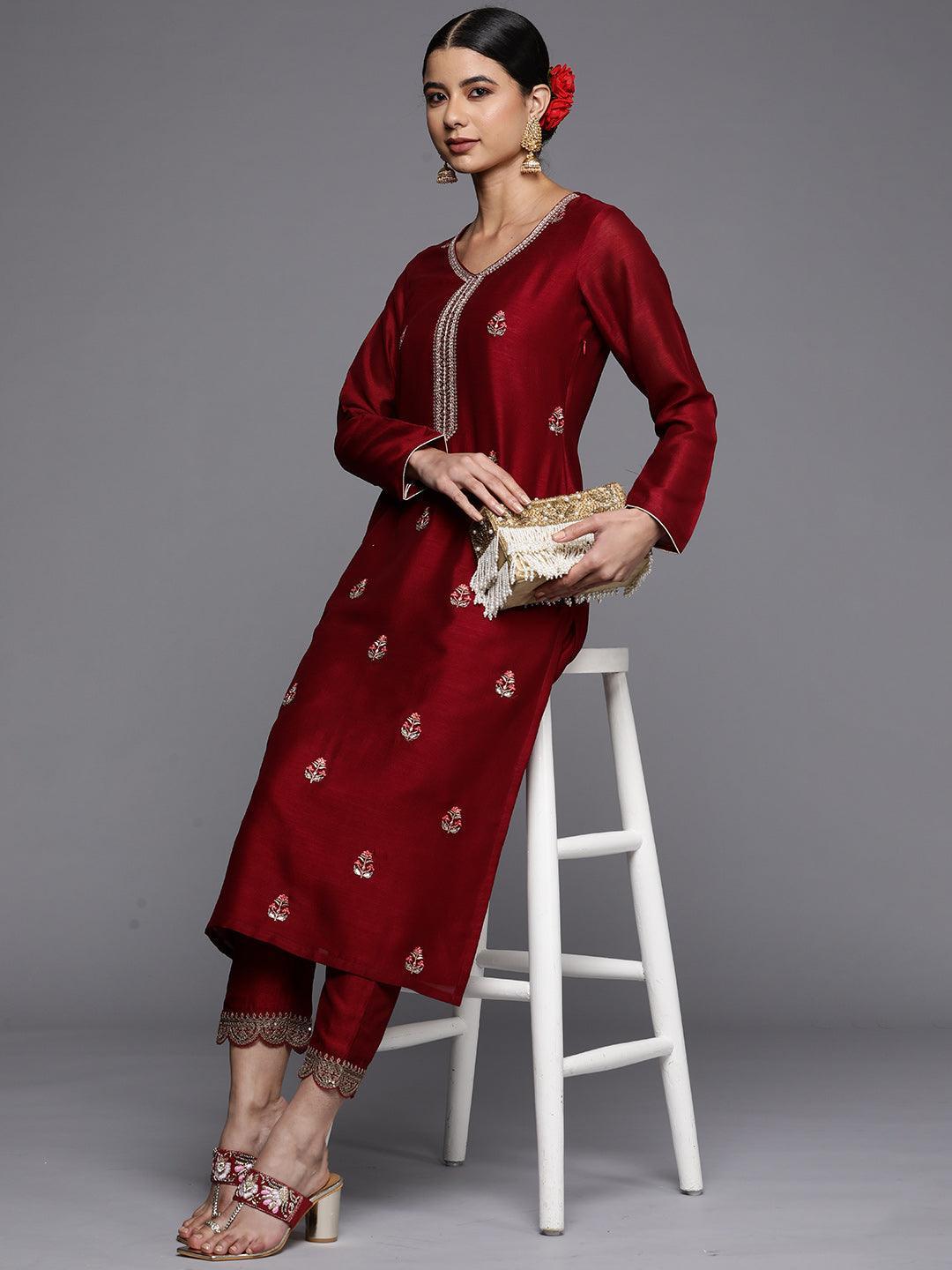 Maroon Embroidered Silk Straight Kurta - Libas