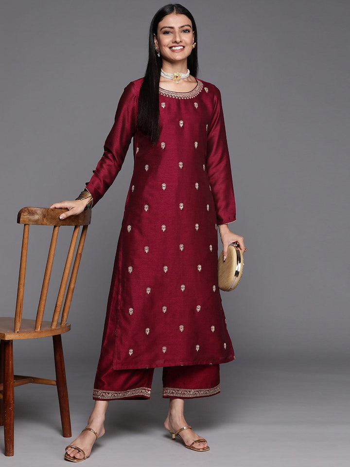 Maroon Embroidered Silk Straight Kurta - ShopLibas