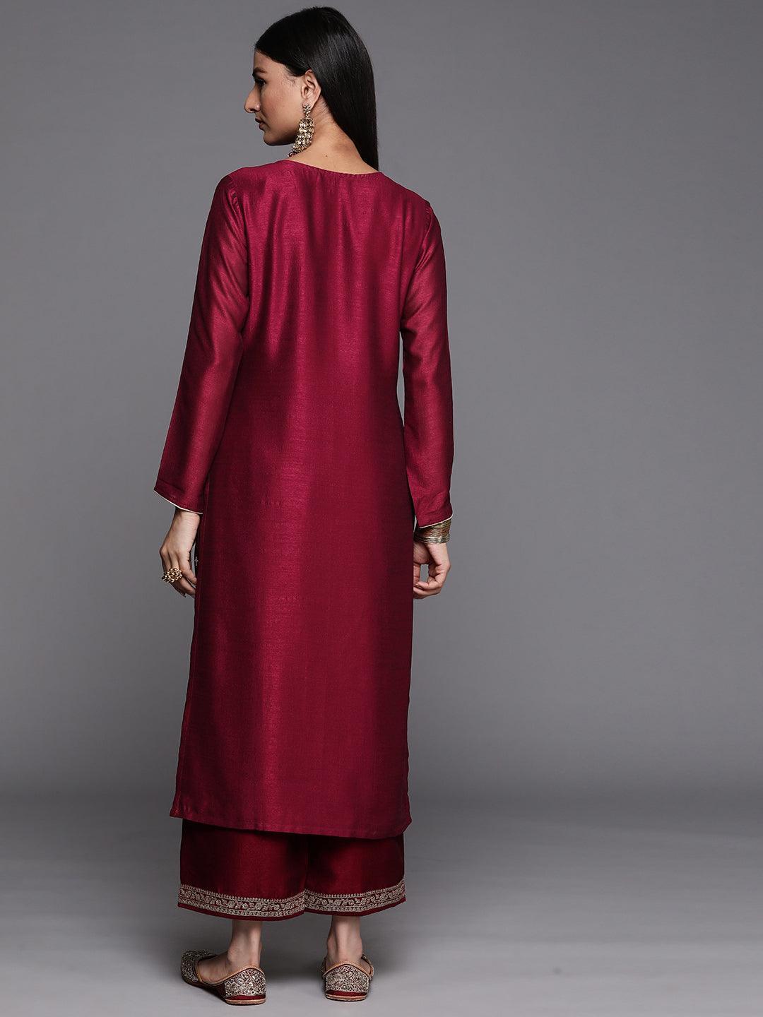 Maroon Embroidered Silk Straight Kurta - ShopLibas