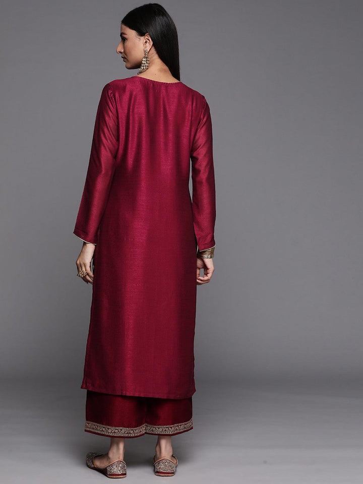 Maroon Embroidered Silk Straight Kurta - ShopLibas