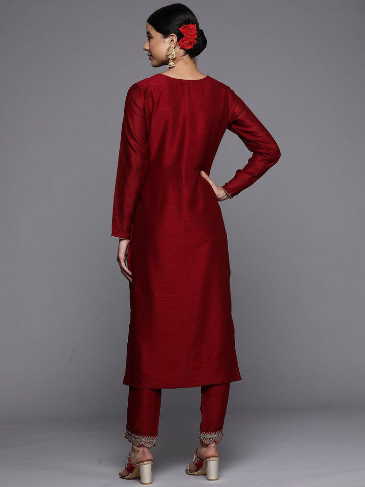 Maroon Embroidered Silk Straight Kurta - Libas