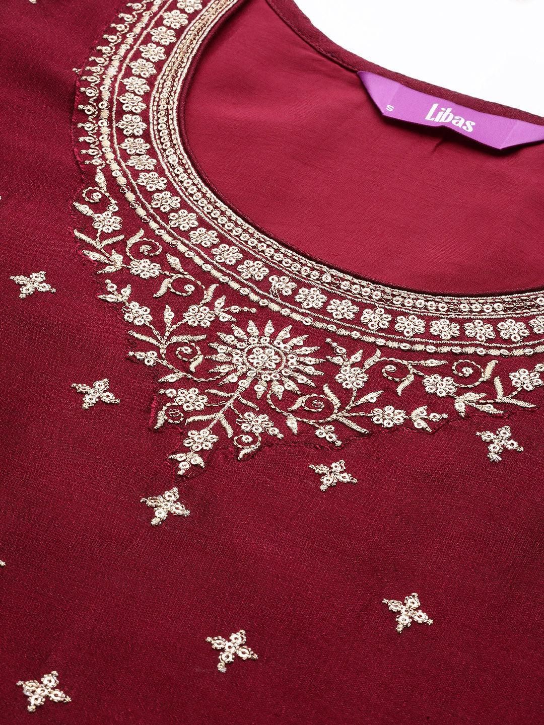 Maroon Embroidered Silk Straight Kurta - ShopLibas