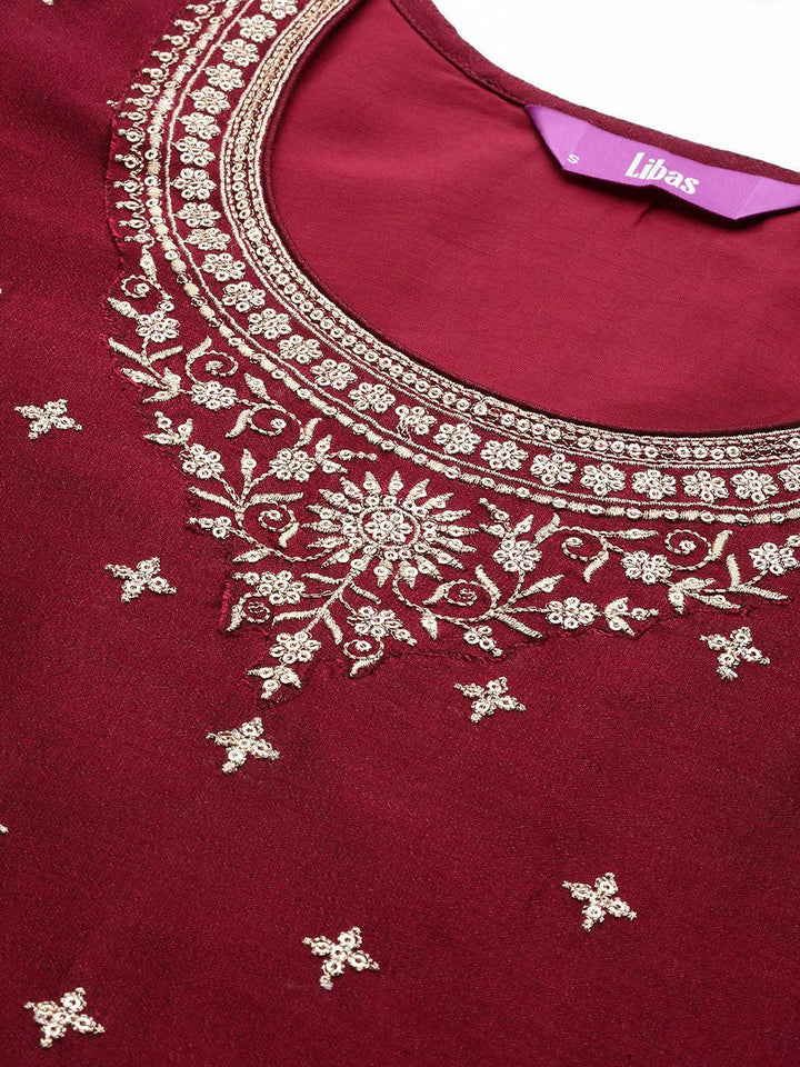 Maroon Embroidered Silk Straight Kurta - ShopLibas
