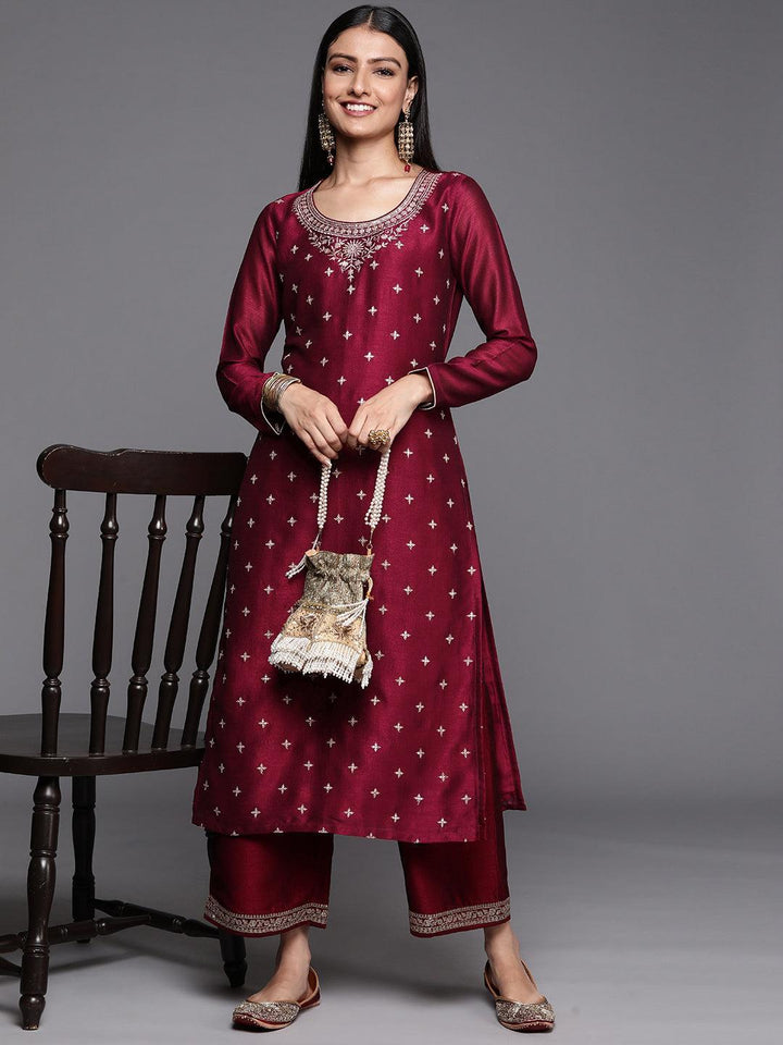 Maroon Embroidered Silk Straight Kurta - ShopLibas