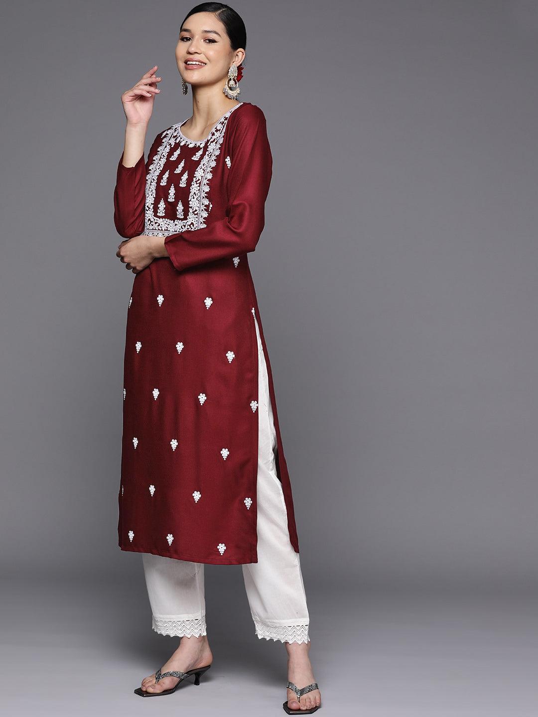 Maroon Embroidered Wool Straight Kurta - ShopLibas 