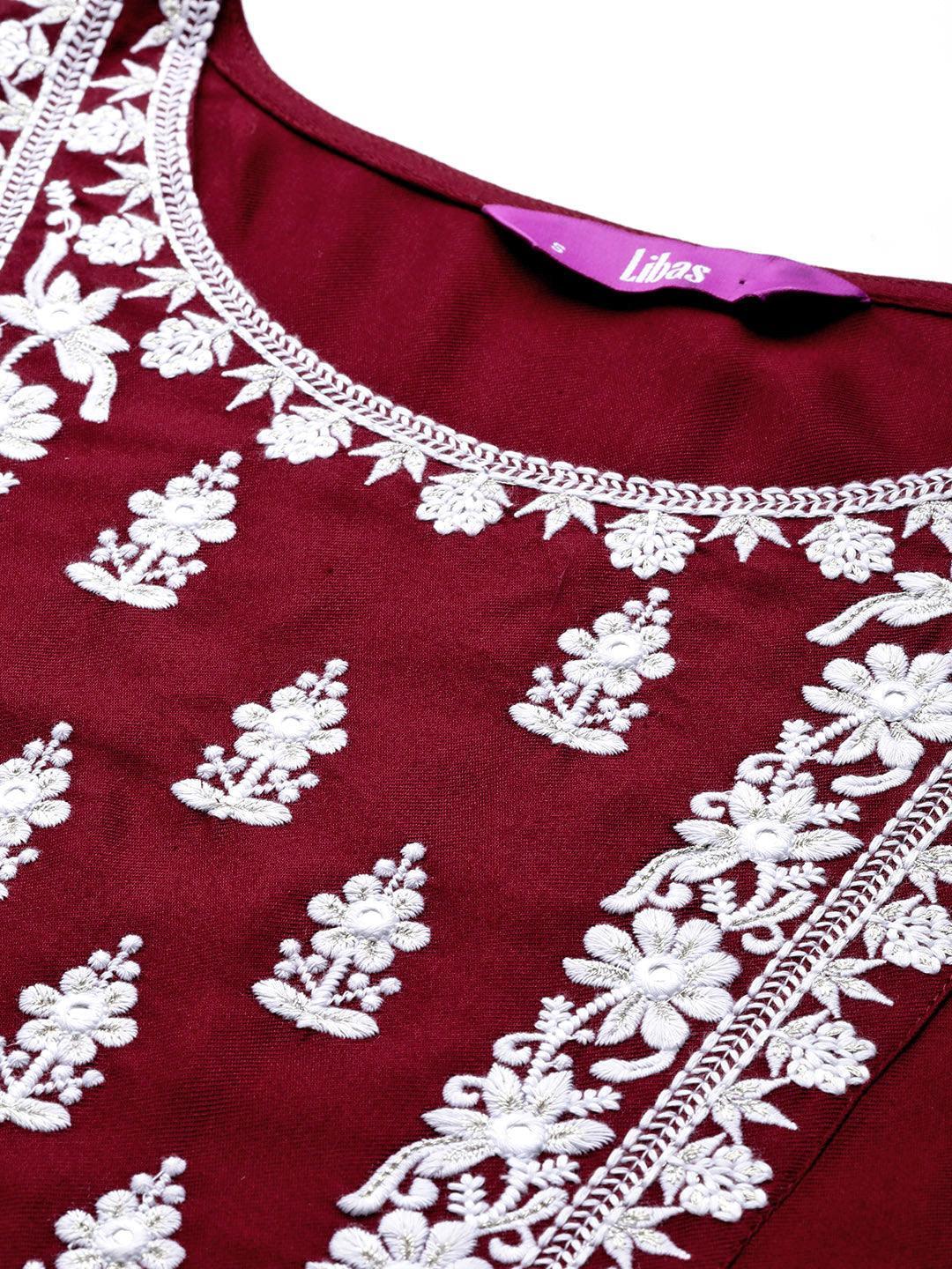Maroon Embroidered Wool Straight Kurta - ShopLibas 