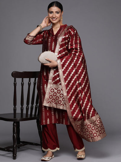 Maroon Printed Chanderi Silk Straight Suit Set - ShopLibas