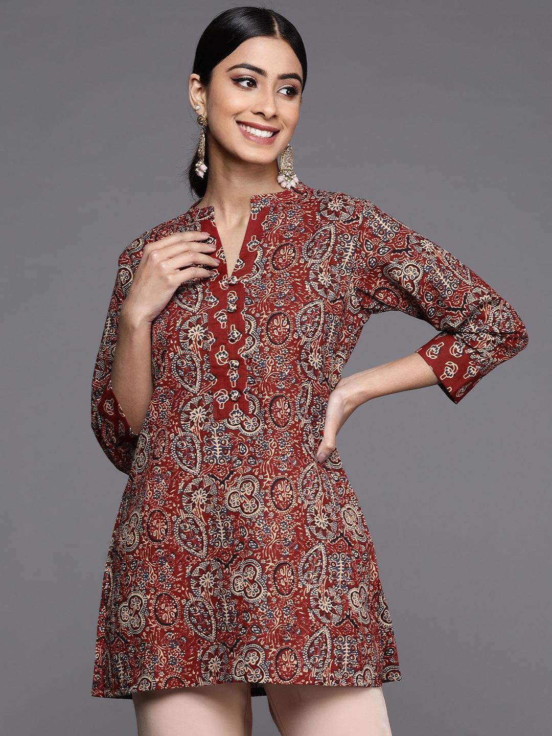 Maroon Printed Cotton Straight Kurti - ShopLibas