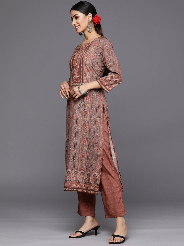 Maroon Printed Crepe Straight Suit Set With Trousers