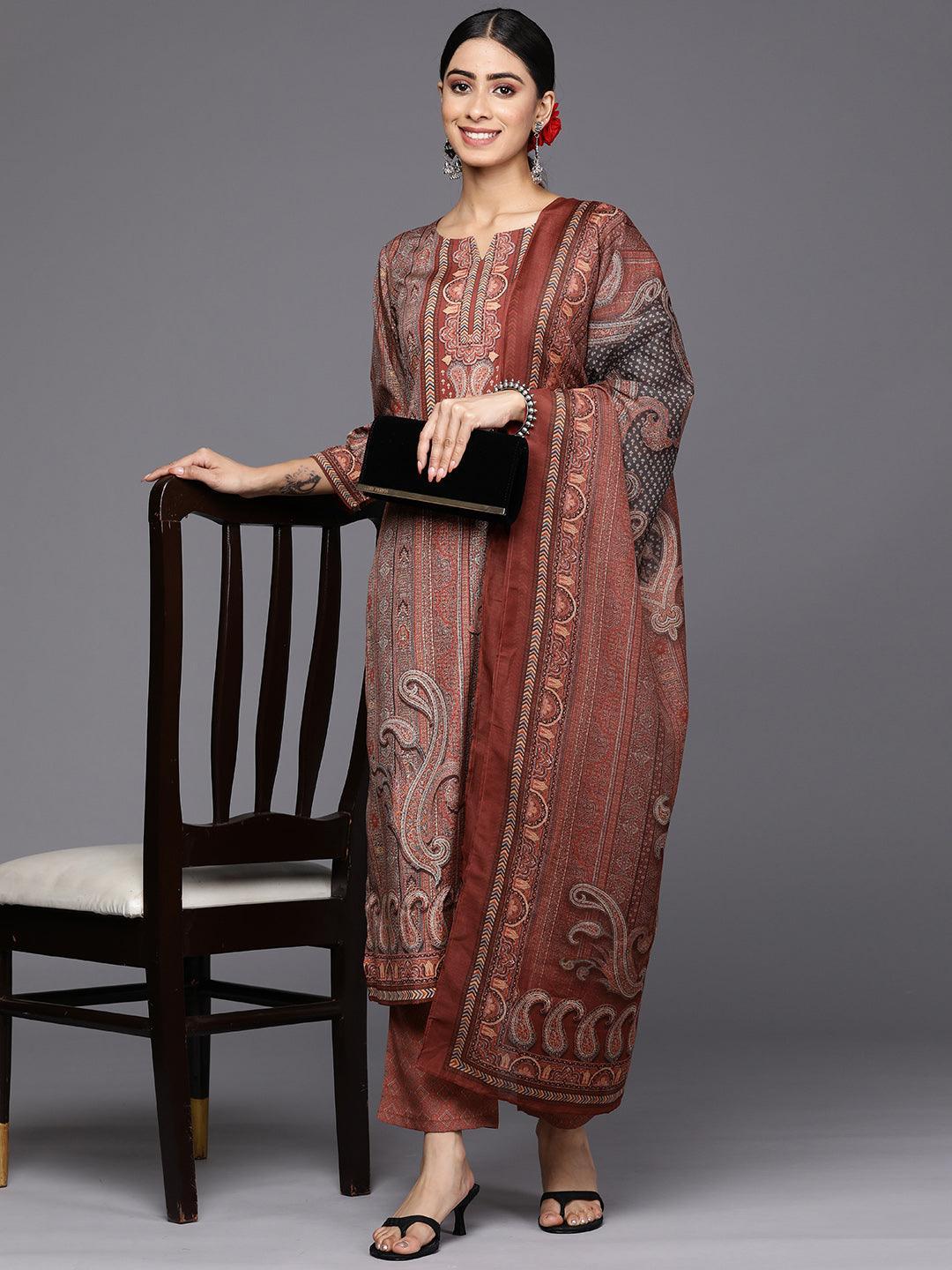 Maroon Printed Crepe Straight Suit Set With Trousers - ShopLibas 