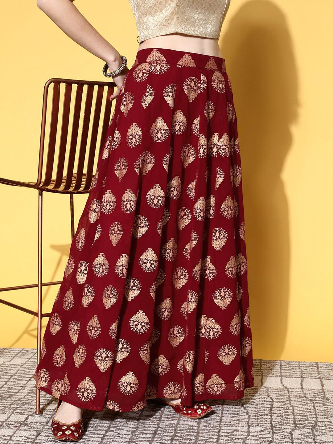 Maroon Printed Georgette Skirt - ShopLibas
