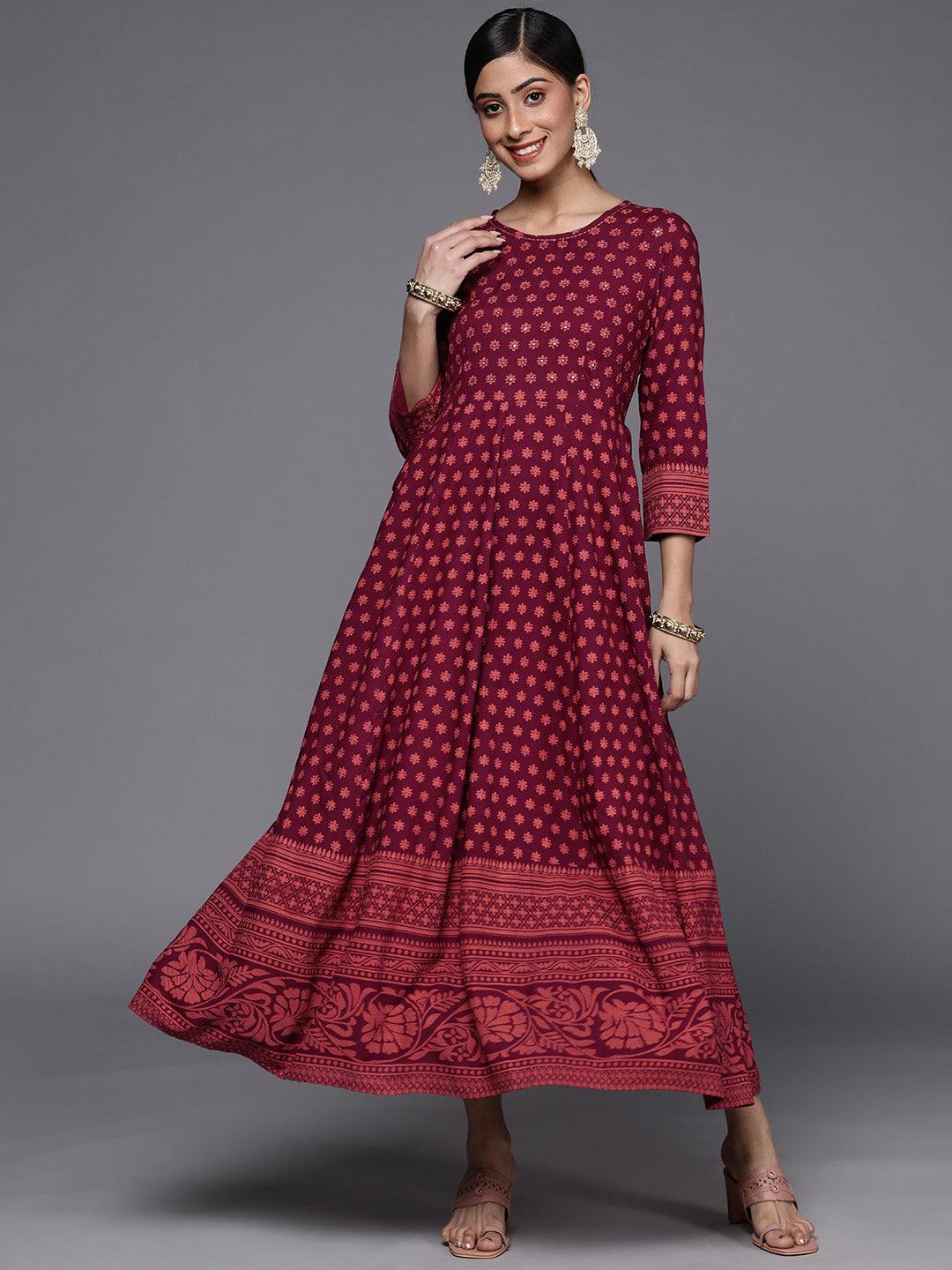 Maroon Printed Rayon A-Line Dress - ShopLibas