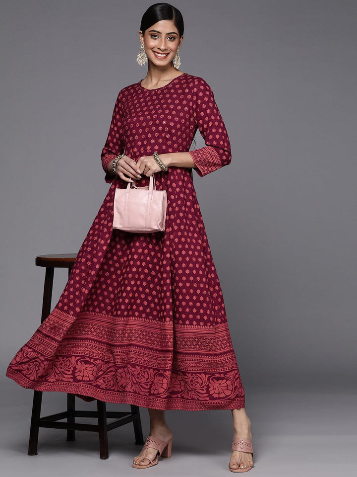 Maroon Printed Rayon A-Line Dress - ShopLibas