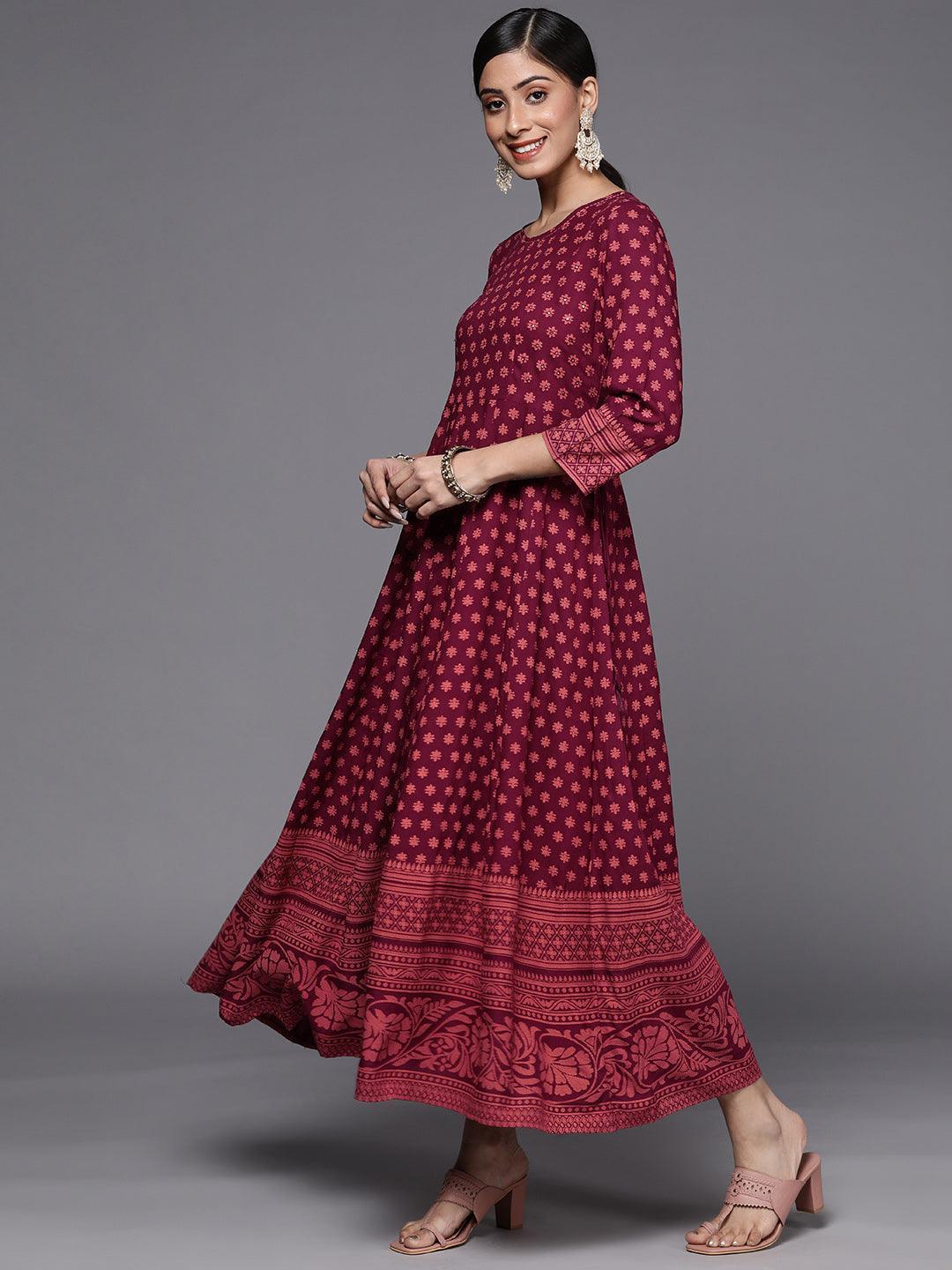 Maroon Printed Rayon A-Line Dress - ShopLibas