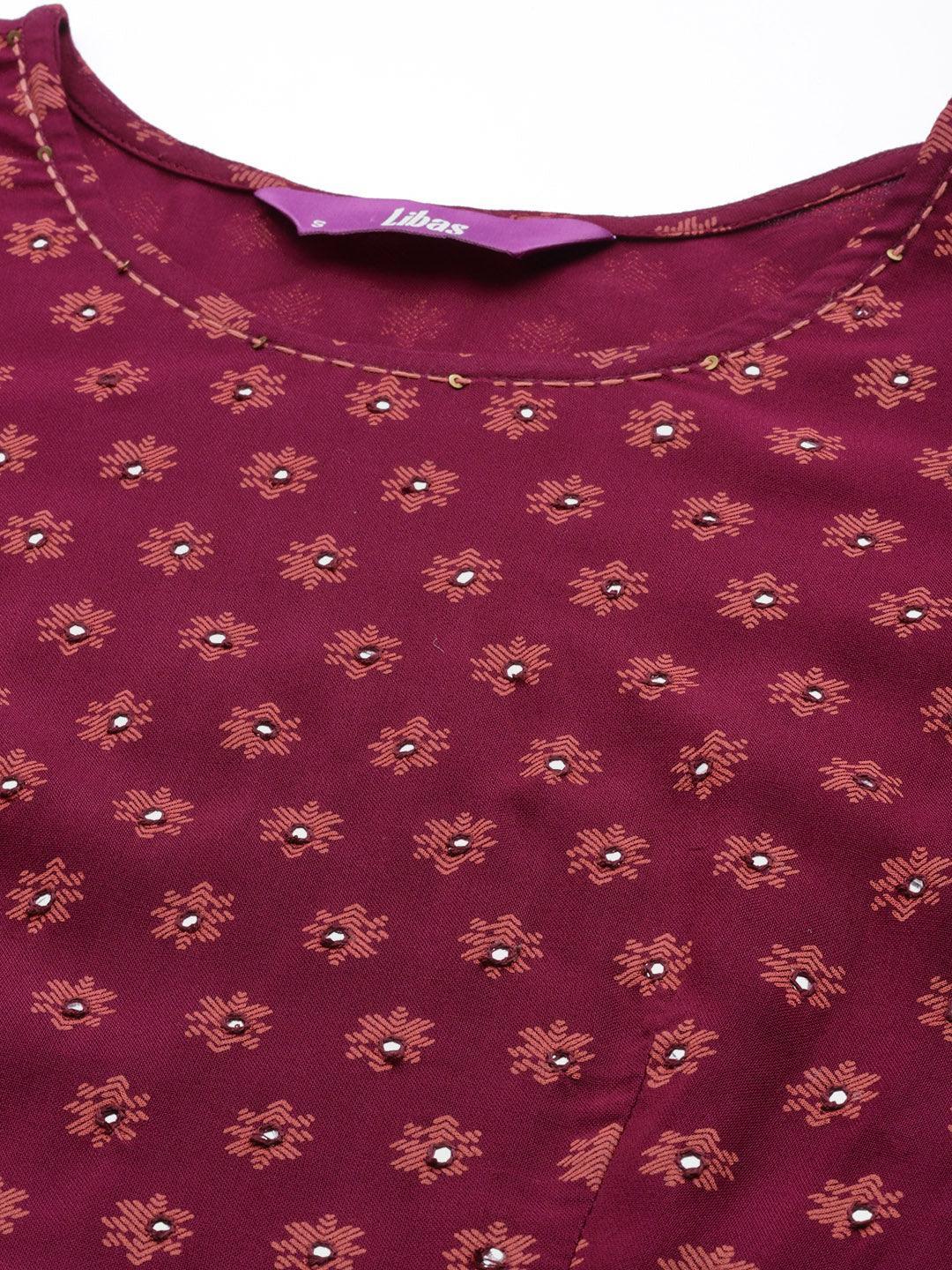 Maroon Printed Rayon A-Line Dress - ShopLibas