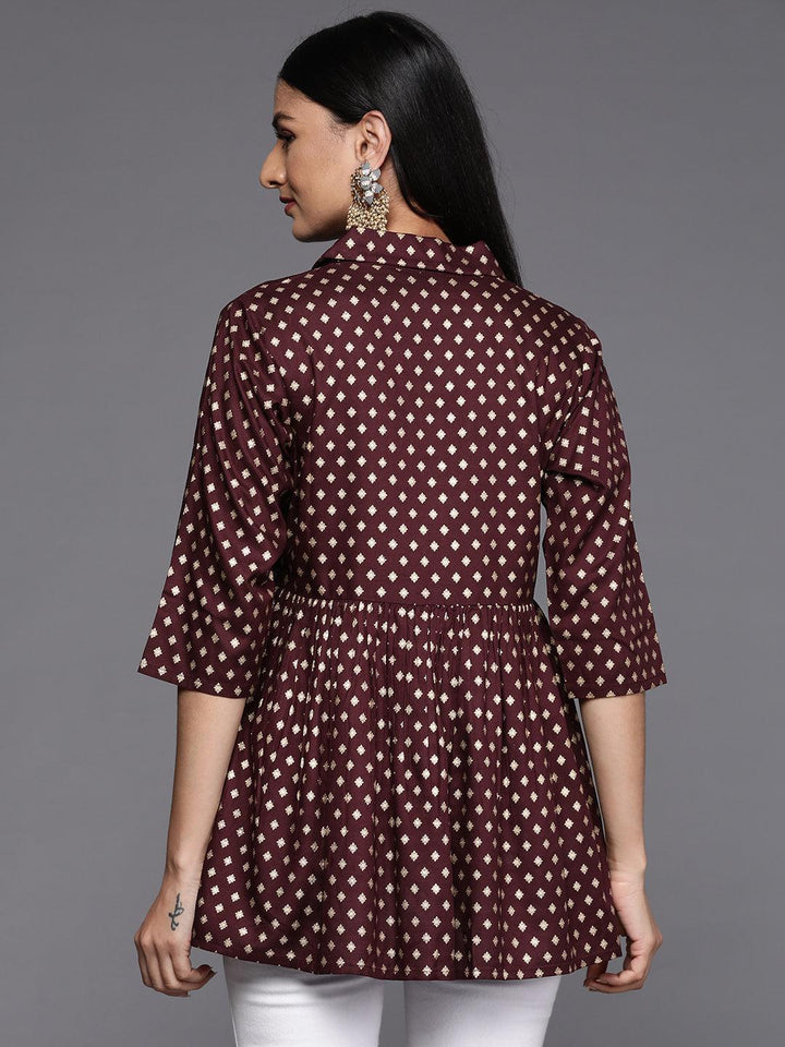 Maroon Printed Rayon A-Line Kurti - Libas
