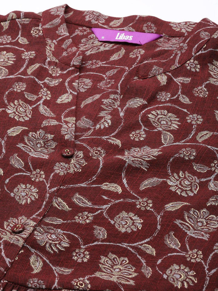 Maroon Printed Rayon Fit and Flare Dress - Libas