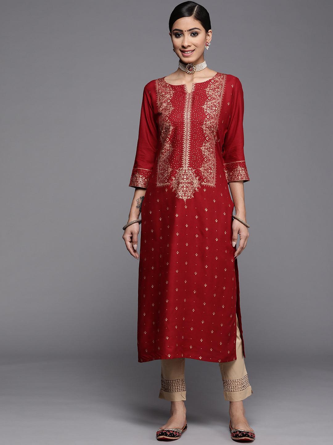 Maroon Printed Rayon Kurta - ShopLibas