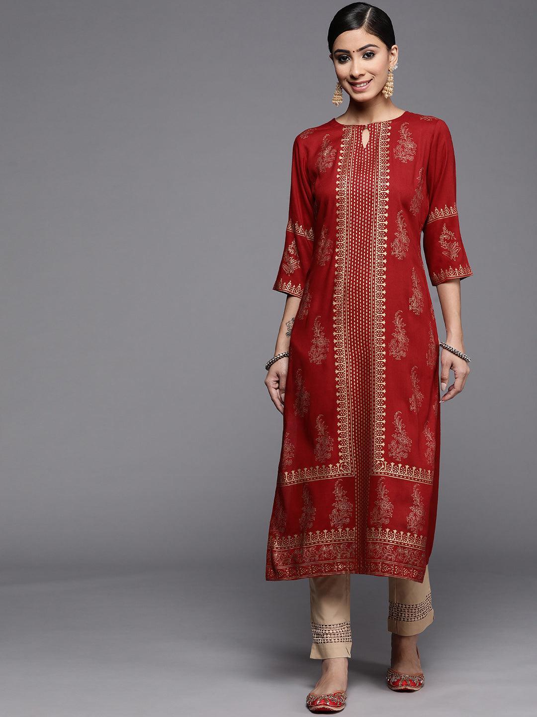 Maroon Printed Rayon Kurta - ShopLibas