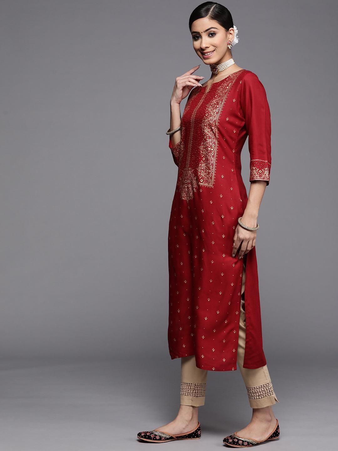 Maroon Printed Rayon Kurta - ShopLibas