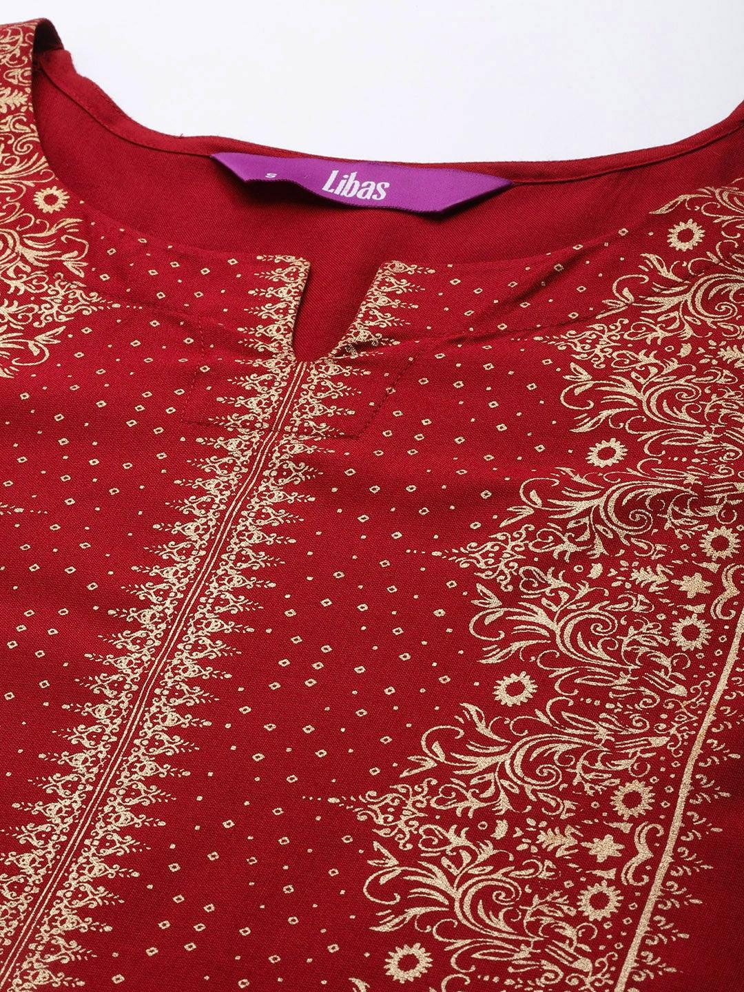 Maroon Printed Rayon Kurta - ShopLibas