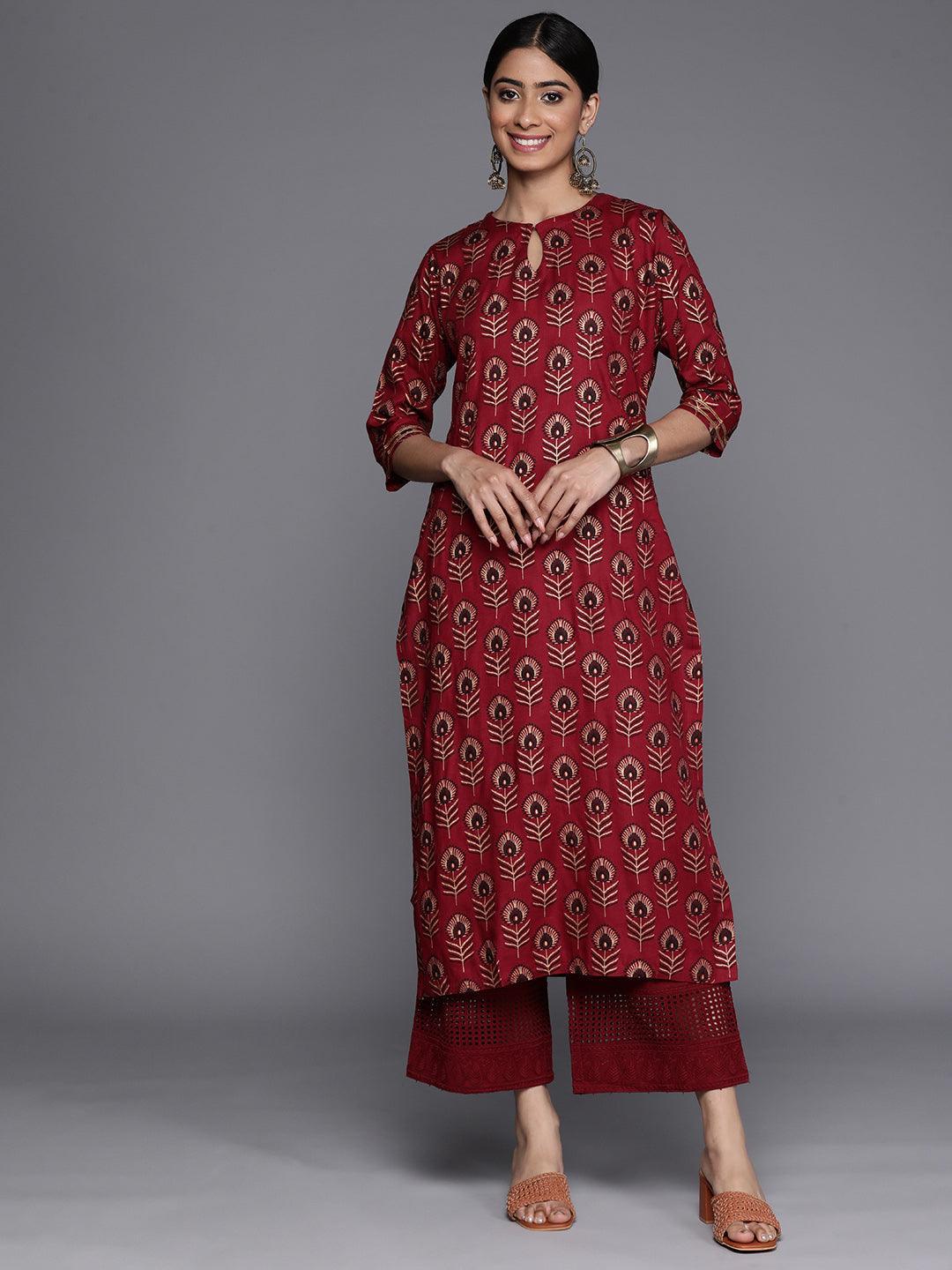 Maroon Printed Rayon Straight Kurta - ShopLibas