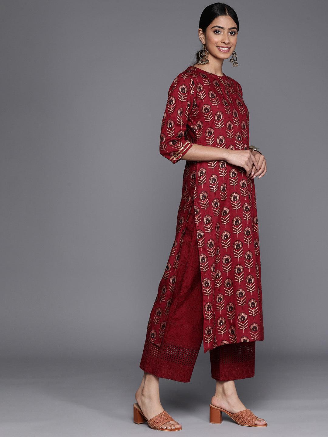 Maroon Printed Rayon Straight Kurta - ShopLibas 