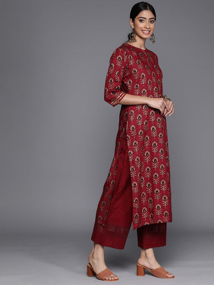 Maroon Printed Rayon Straight Kurta