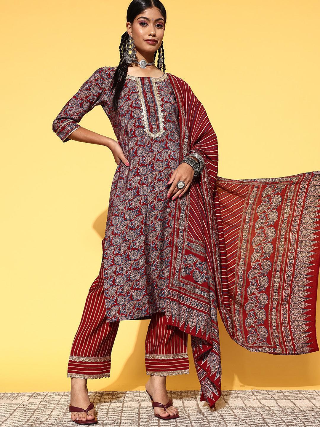 Maroon Printed Silk Blend Straight Suit Set - ShopLibas