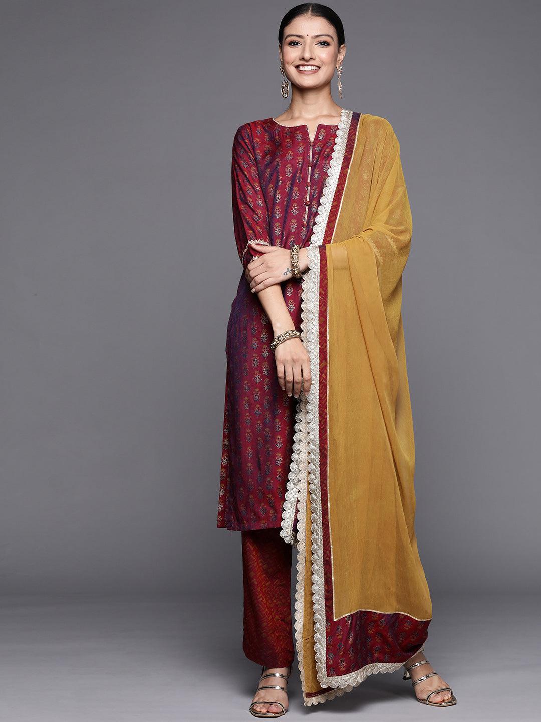 Maroon Printed Silk Blend Straight Suit Set - ShopLibas