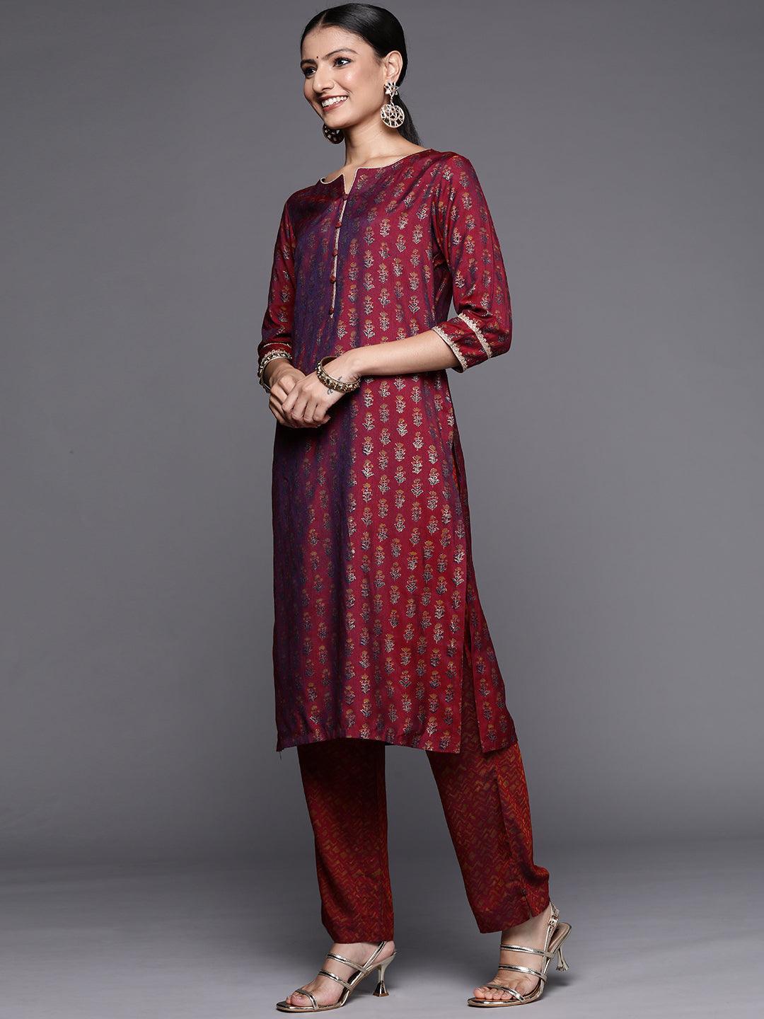Maroon Printed Silk Blend Straight Suit Set - ShopLibas 