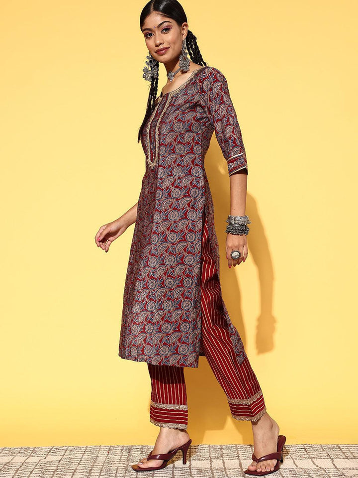 Maroon Printed Silk Blend Straight Suit Set - ShopLibas