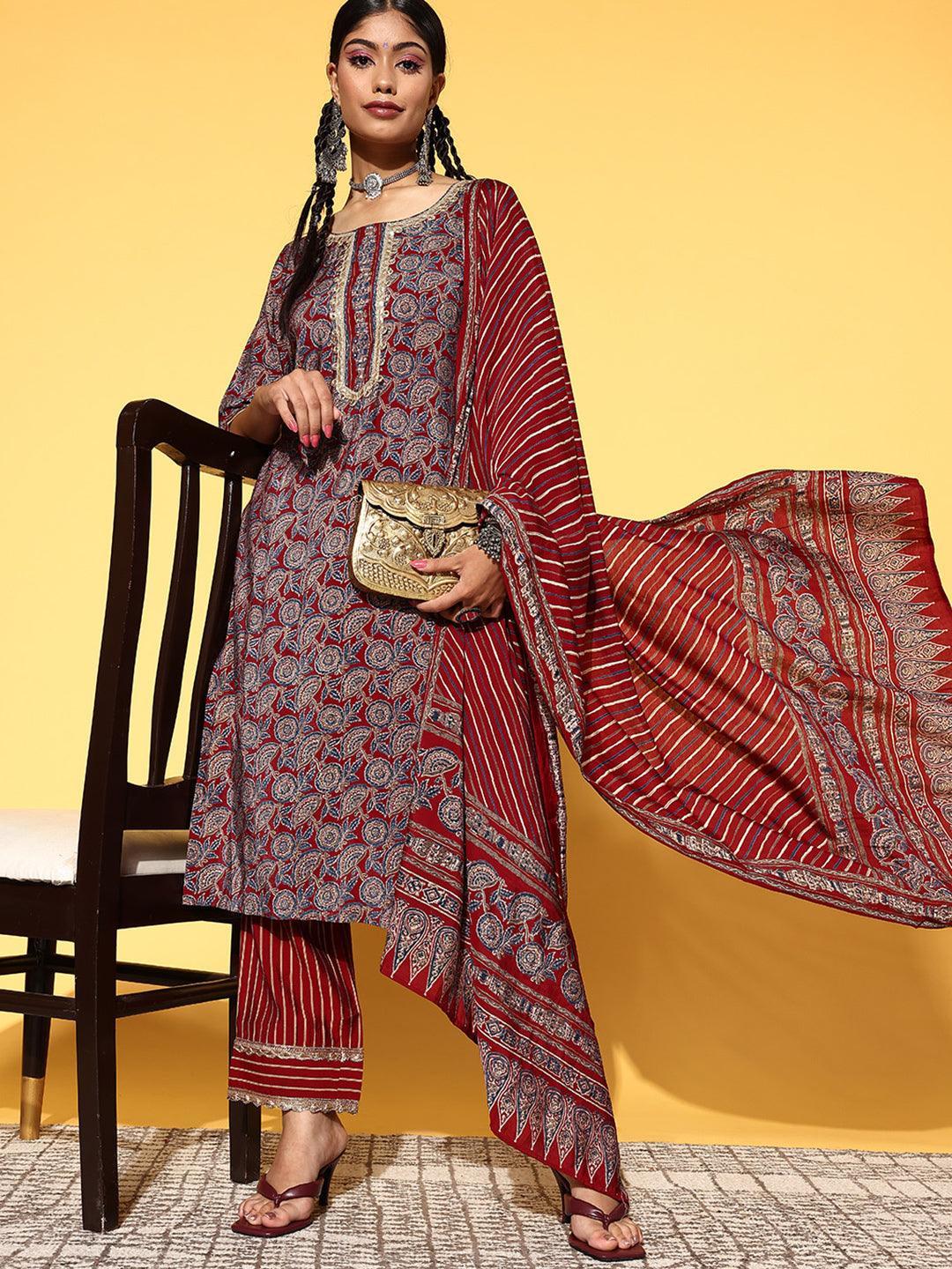 Maroon Printed Silk Blend Straight Suit Set - ShopLibas
