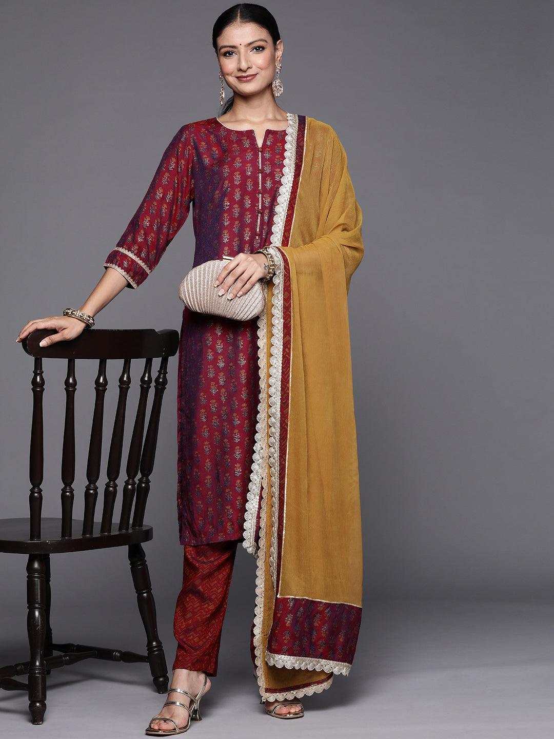 Maroon Printed Silk Blend Straight Suit Set - ShopLibas 