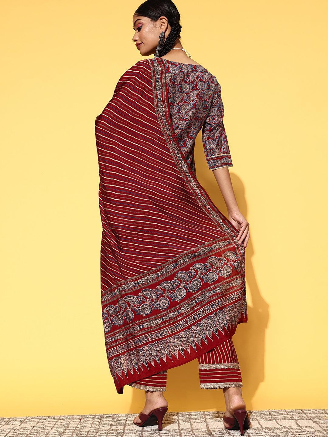 Maroon Printed Silk Blend Straight Suit Set - ShopLibas