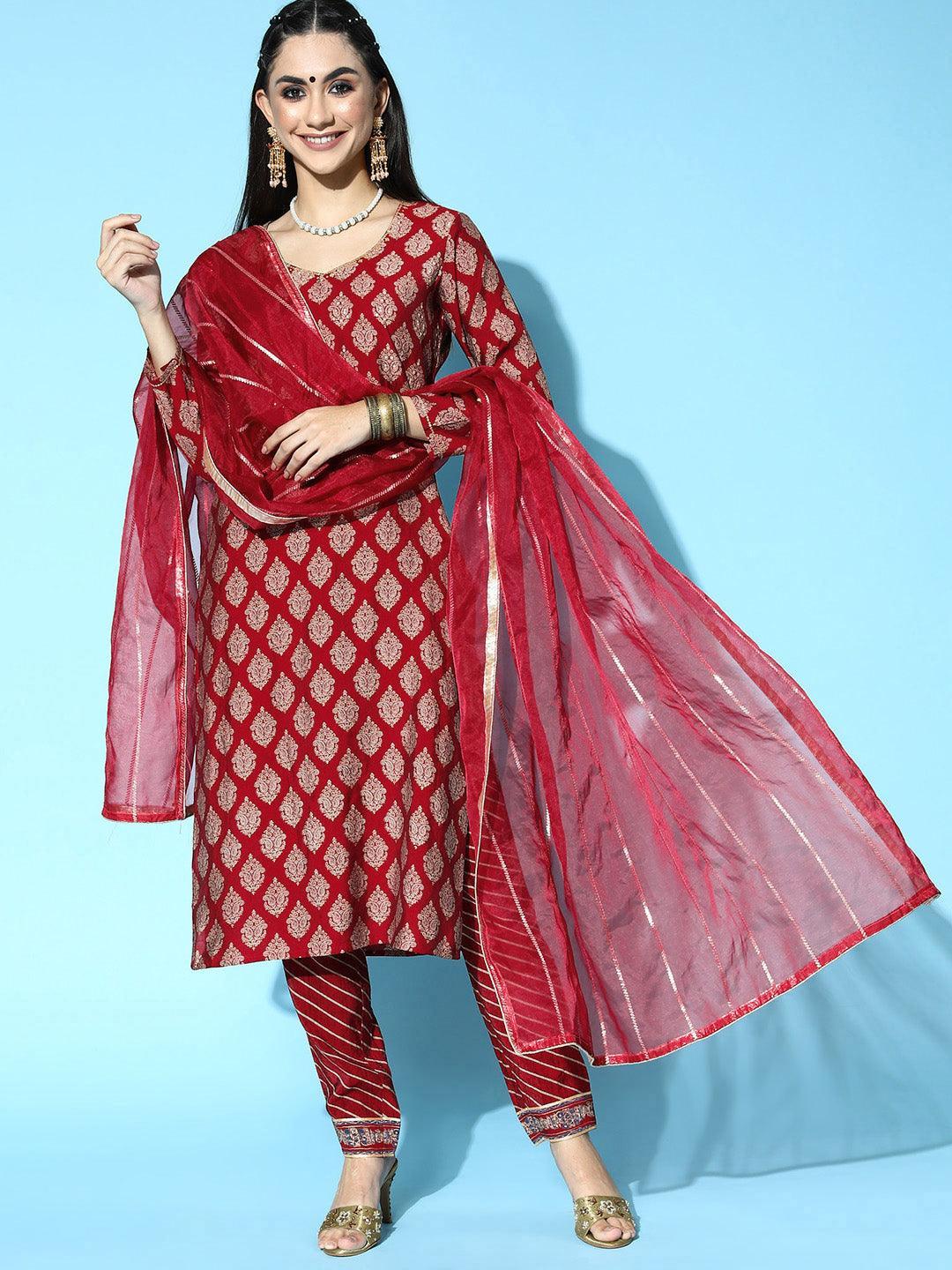 Maroon Printed Silk Blend Straight Suit Set - ShopLibas