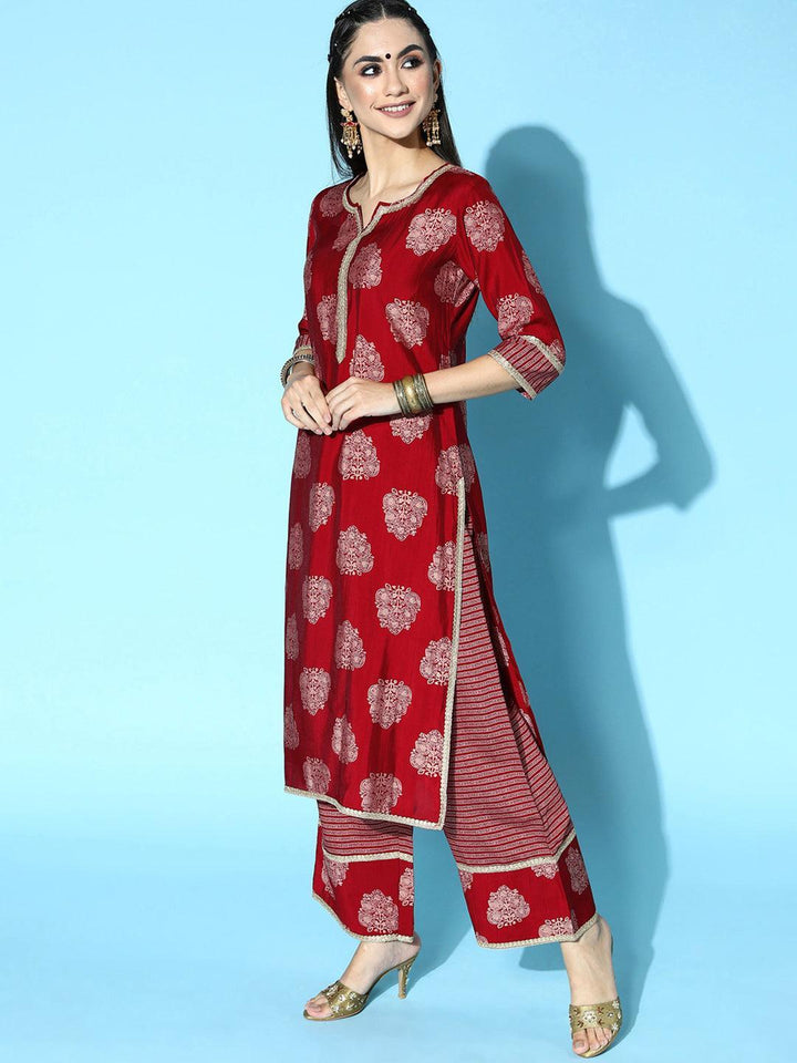 Maroon Printed Silk Blend Straight Suit Set