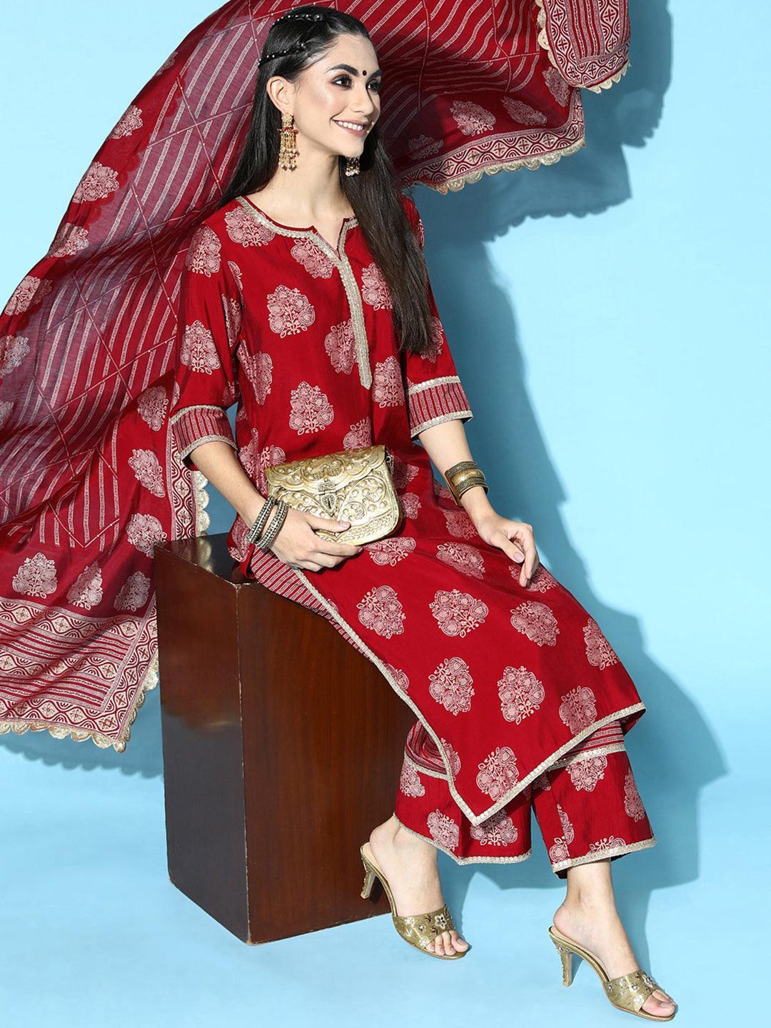 Maroon Printed Silk Blend Straight Suit Set - ShopLibas 