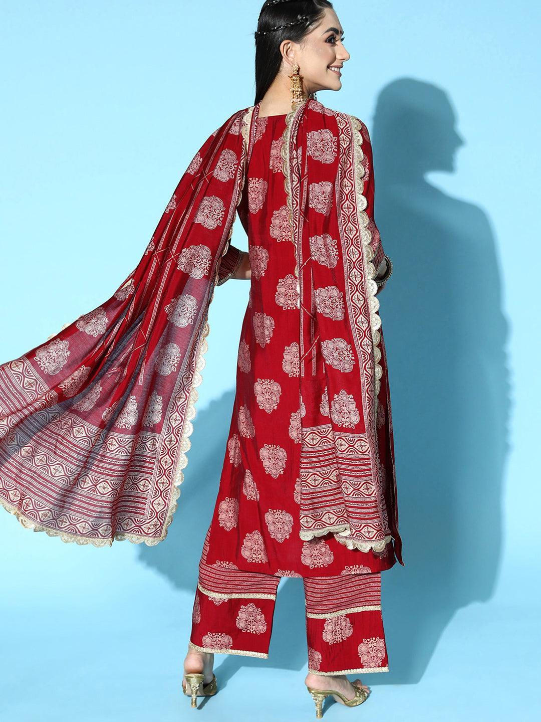 Maroon Printed Silk Blend Straight Suit Set - ShopLibas 