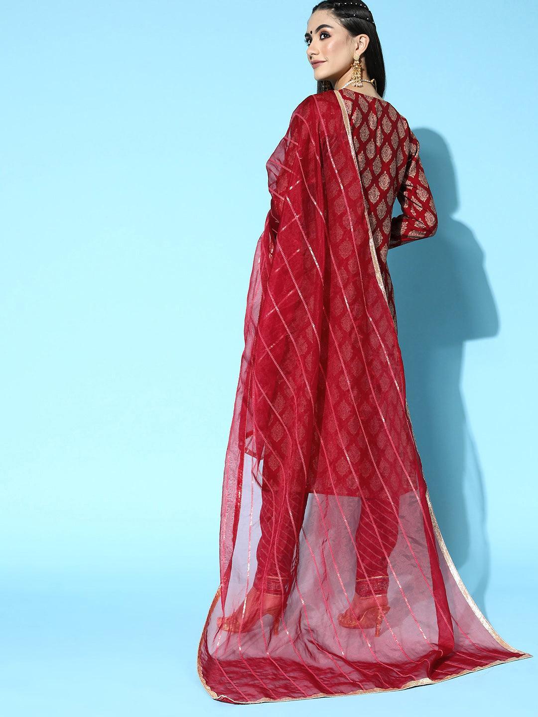 Maroon Printed Silk Blend Straight Suit Set - ShopLibas 