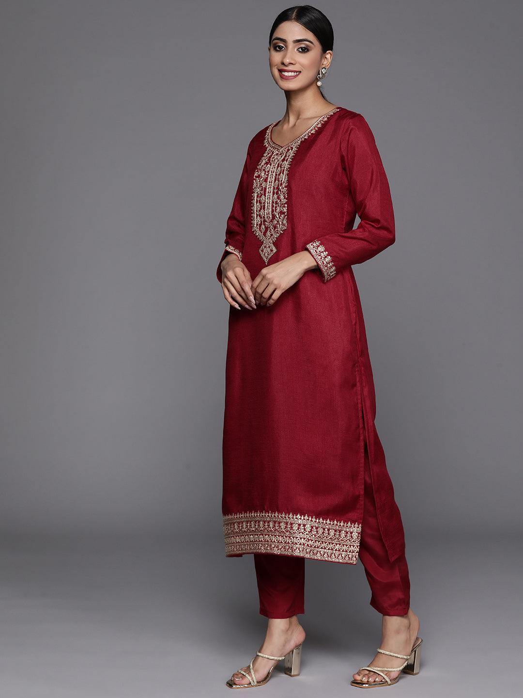Maroon Printed Silk Blend Straight Kurta With Trousers & Dupatta - Libas 