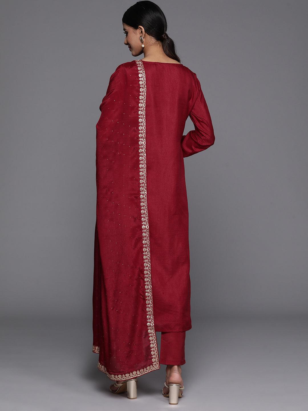 Maroon Printed Silk Blend Straight Kurta With Trousers & Dupatta - Libas 