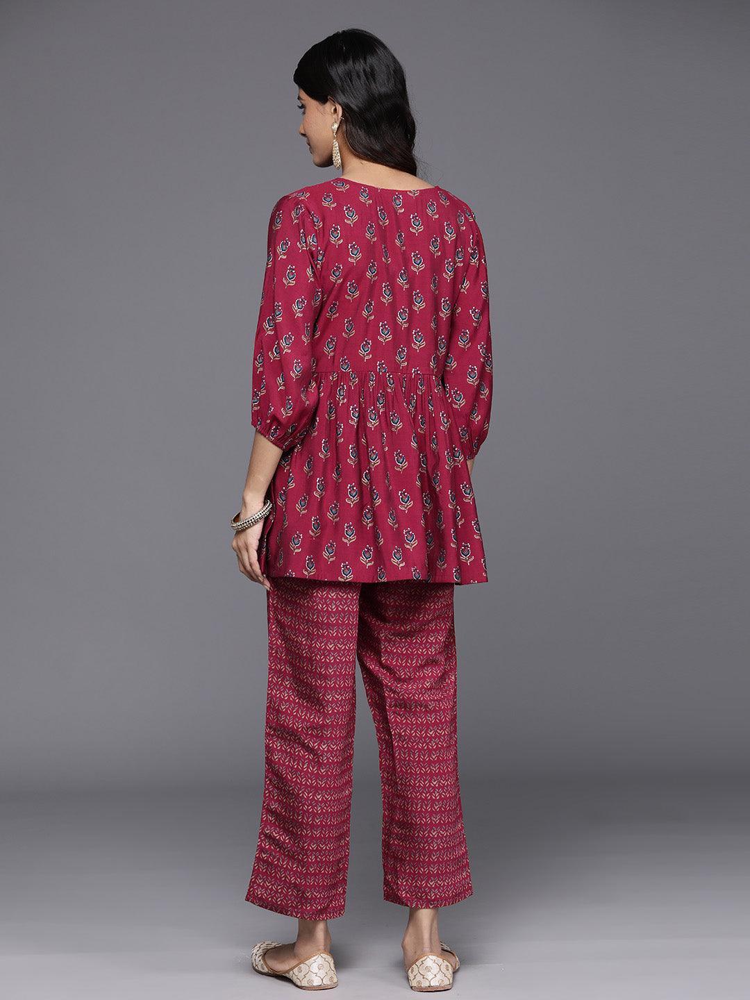 Maroon Printed Silk Blend Top With Trousers - Libas 