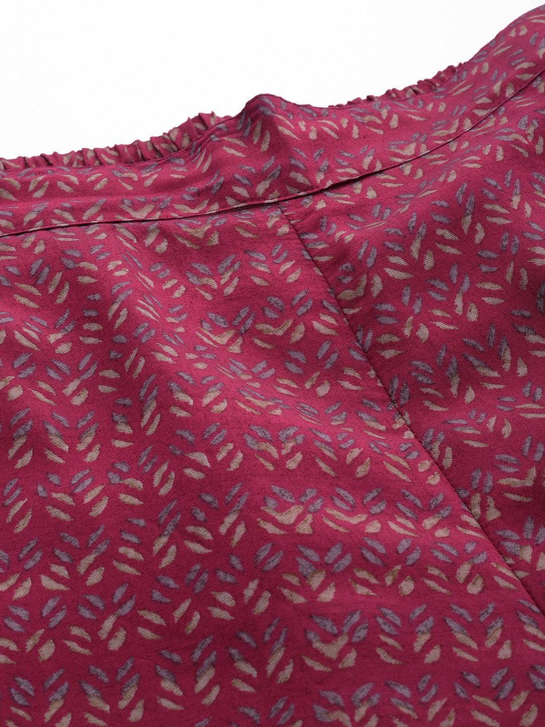 Maroon Printed Silk Blend Top With Trousers - Libas 