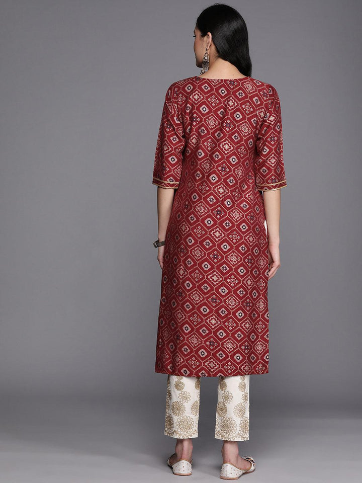 Maroon Printed Silk Straight Kurta