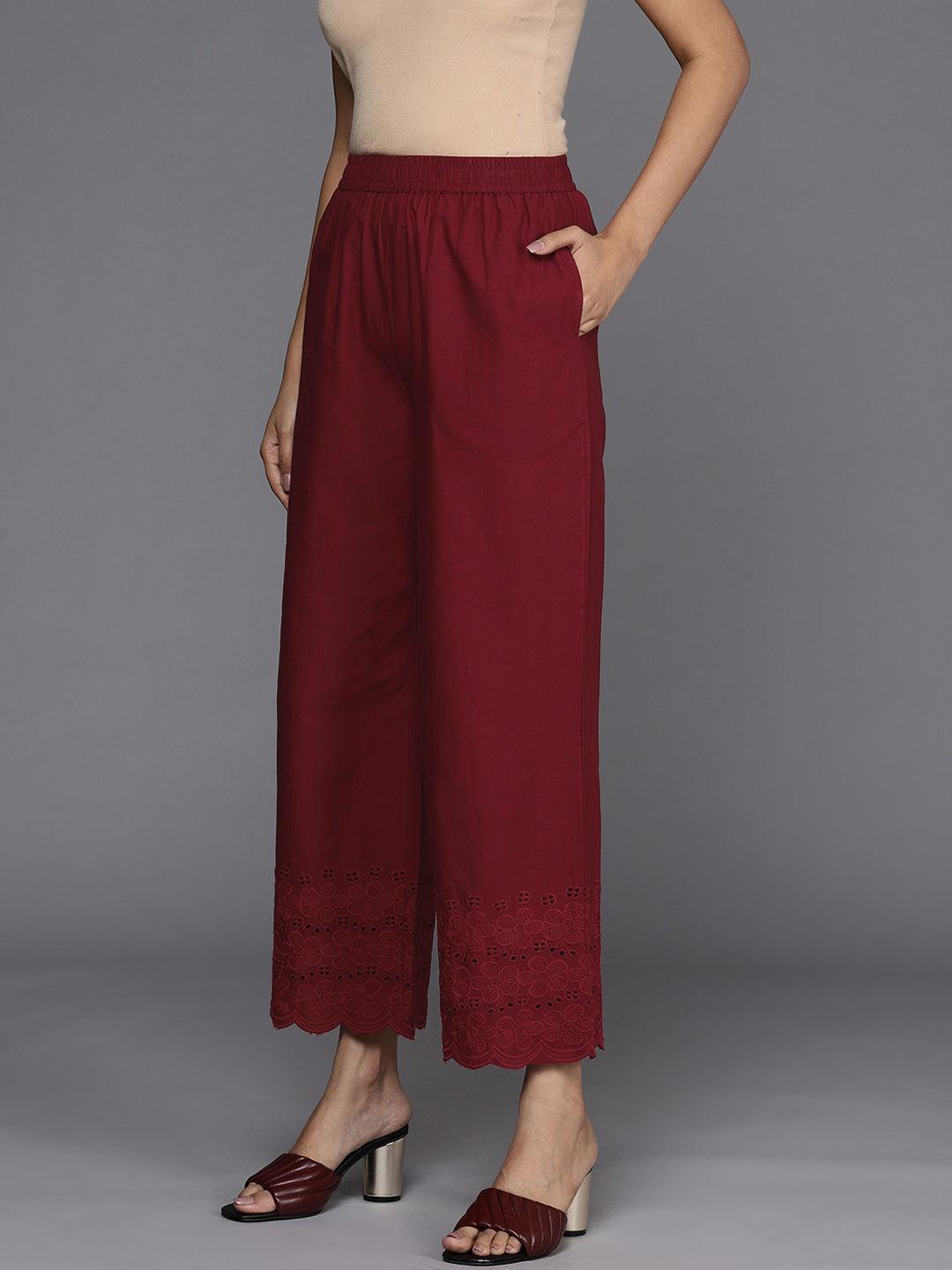 Maroon Solid Cotton Palazzos - ShopLibas 