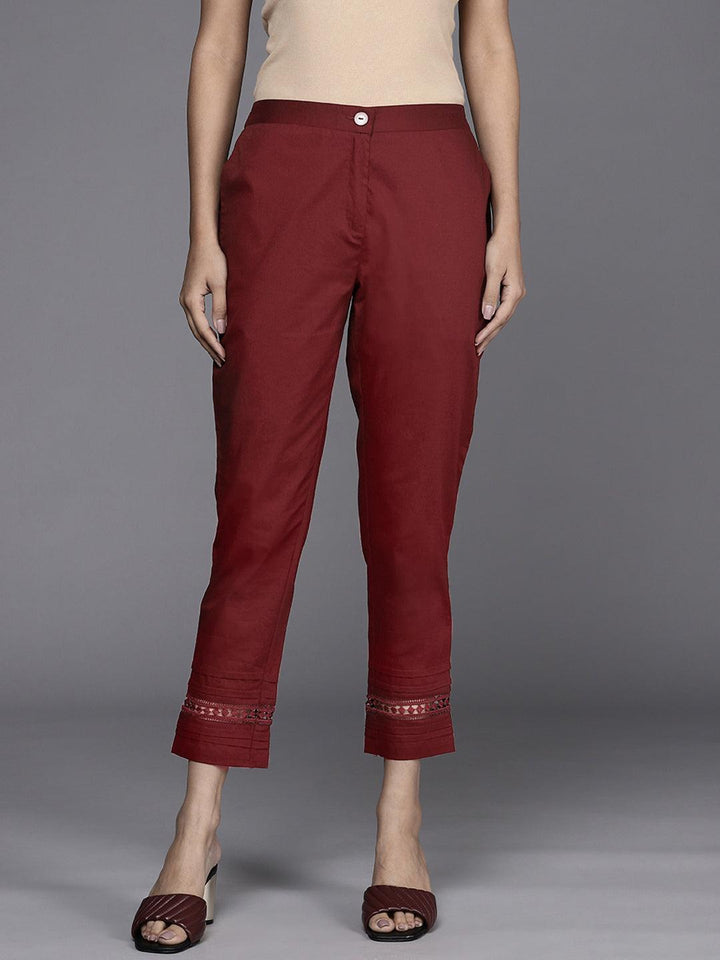 Maroon Solid Cotton Trousers - ShopLibas