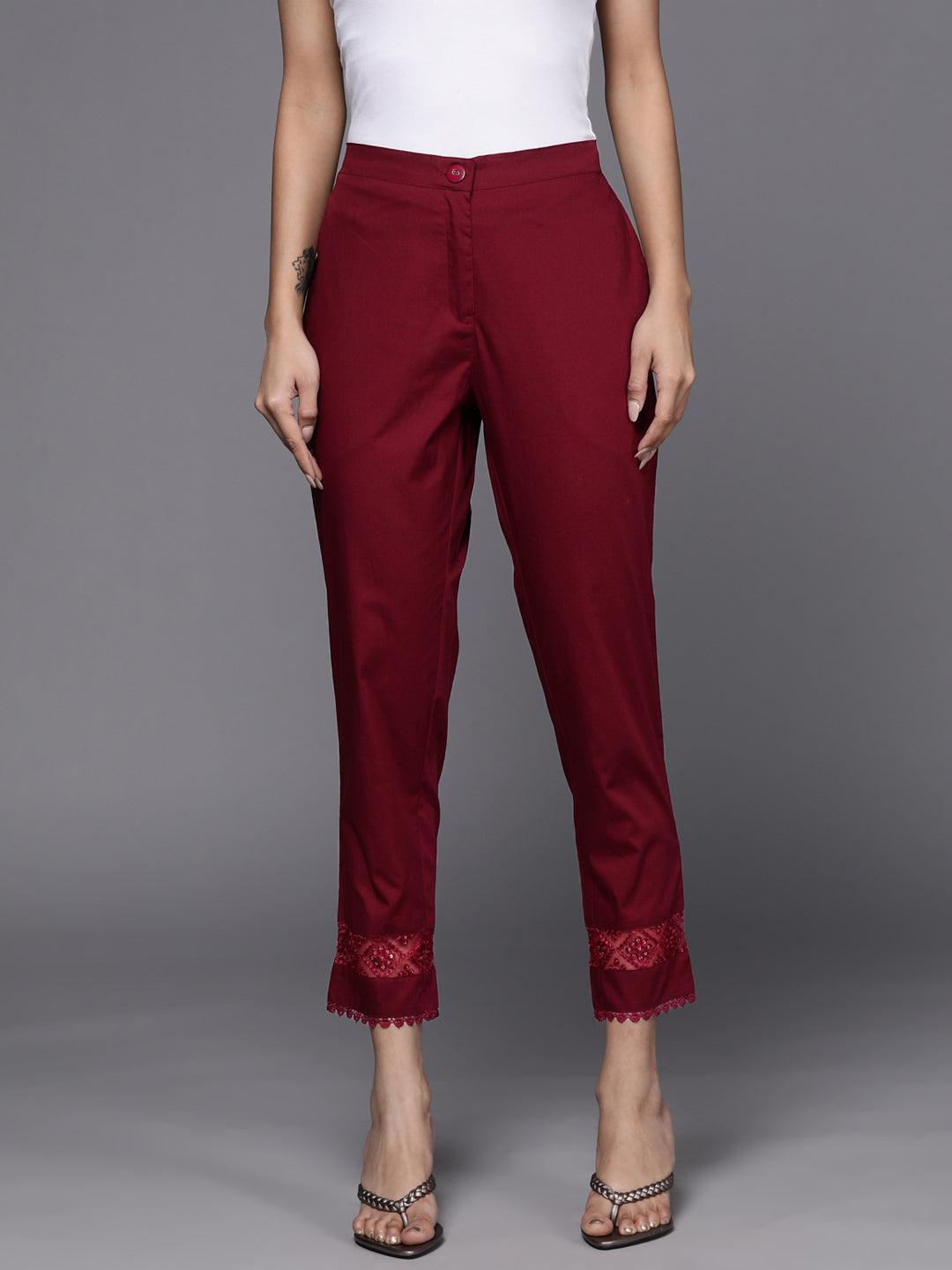 Maroon Solid Cotton Trousers - ShopLibas