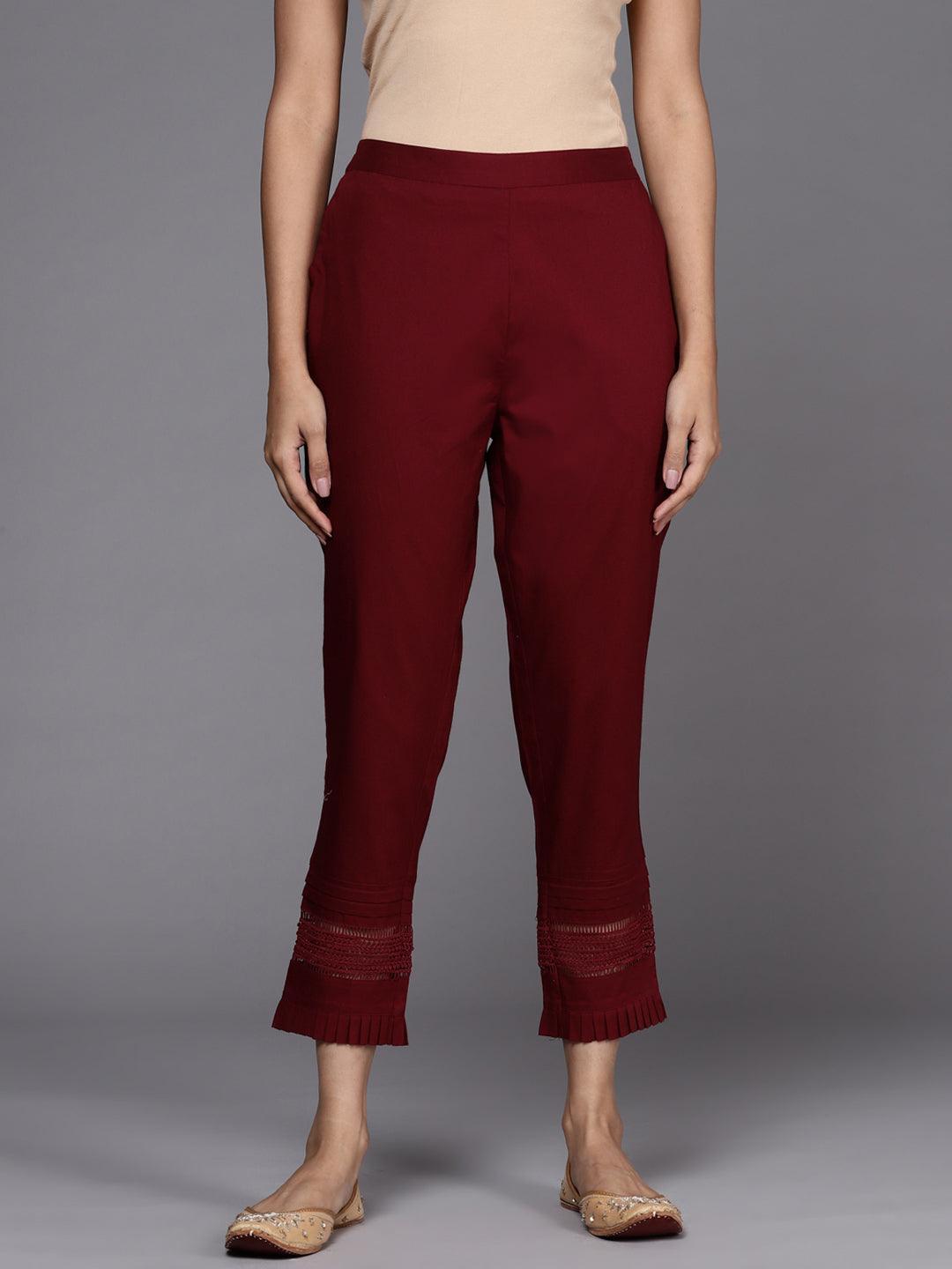 Maroon Solid Cotton Trousers - ShopLibas