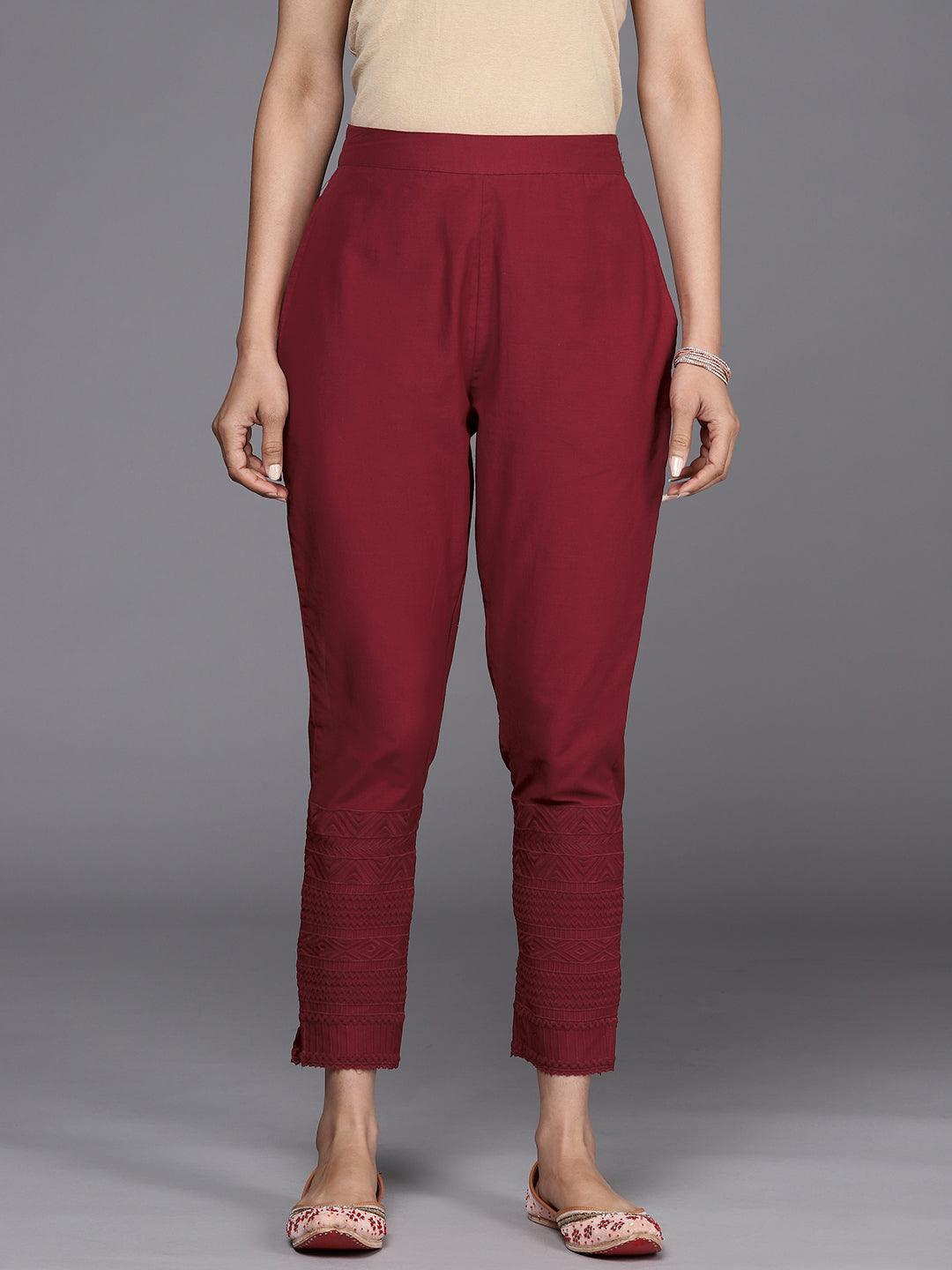 Maroon Solid Cotton Trousers - ShopLibas